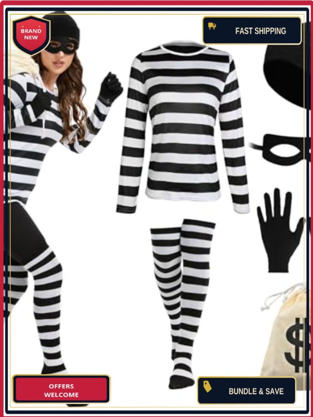 Women's Robber Costume Set 6PCS Striped Thief Cosplay Halloween Party